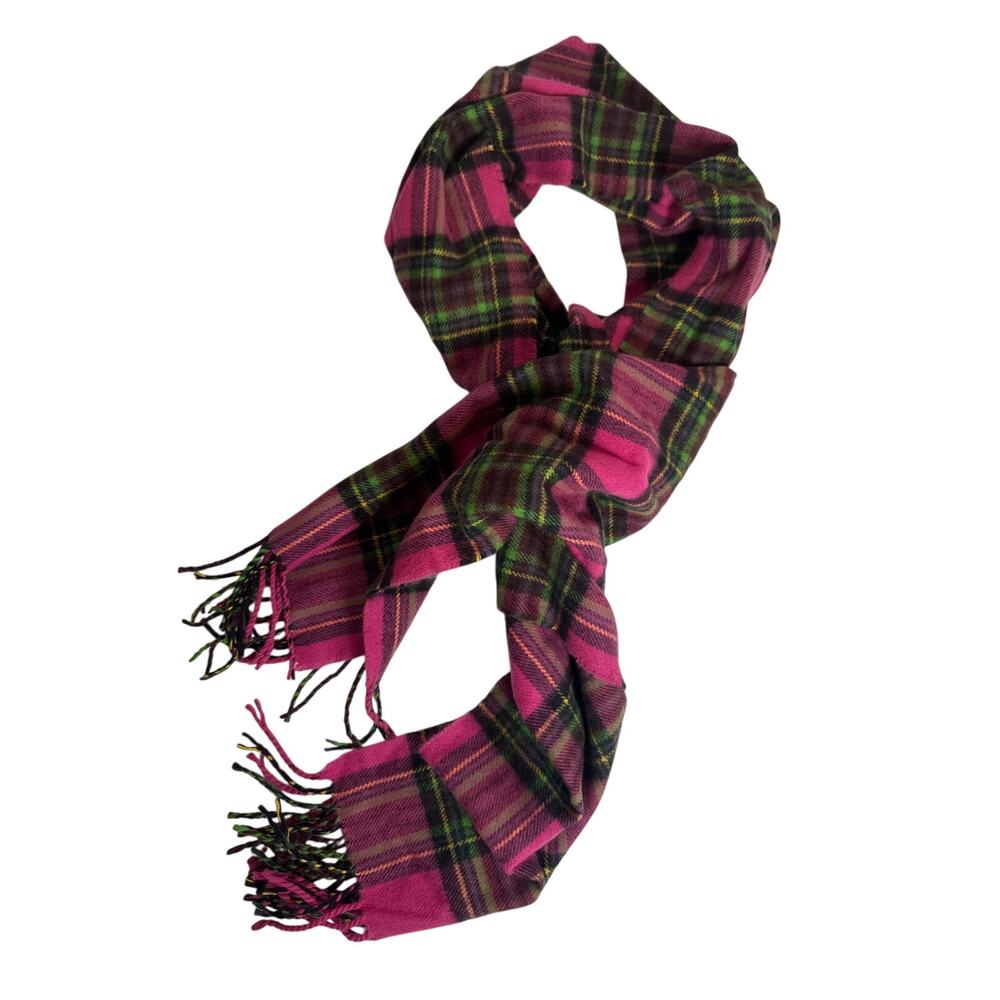 100% Cashmere Plaid Fringe Scarf Scotland Pink Green Womens Soft Bright Y2K